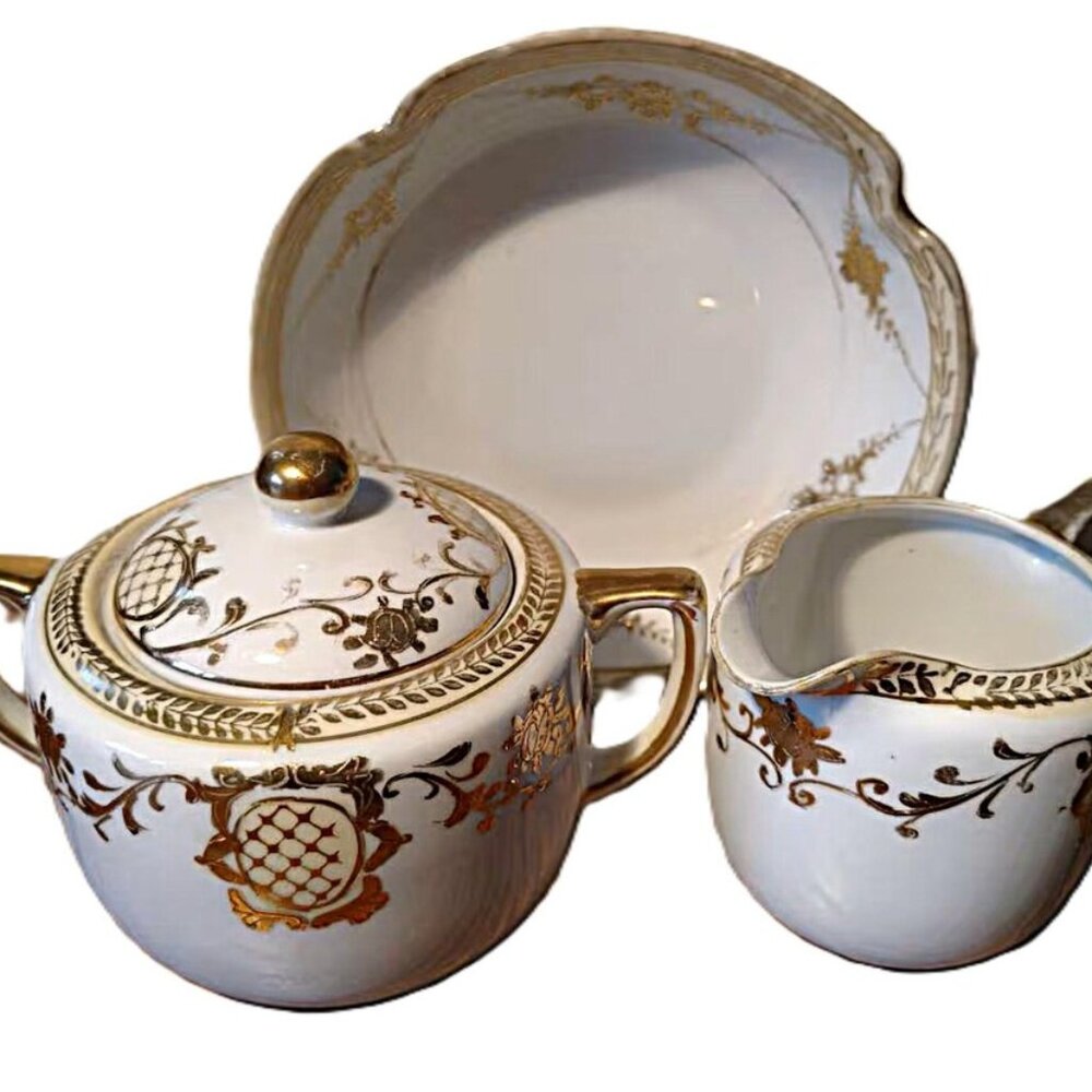 Antique Noritake Cream and Sugar Set with Small Bowl Vintage Hand Painted Nippon